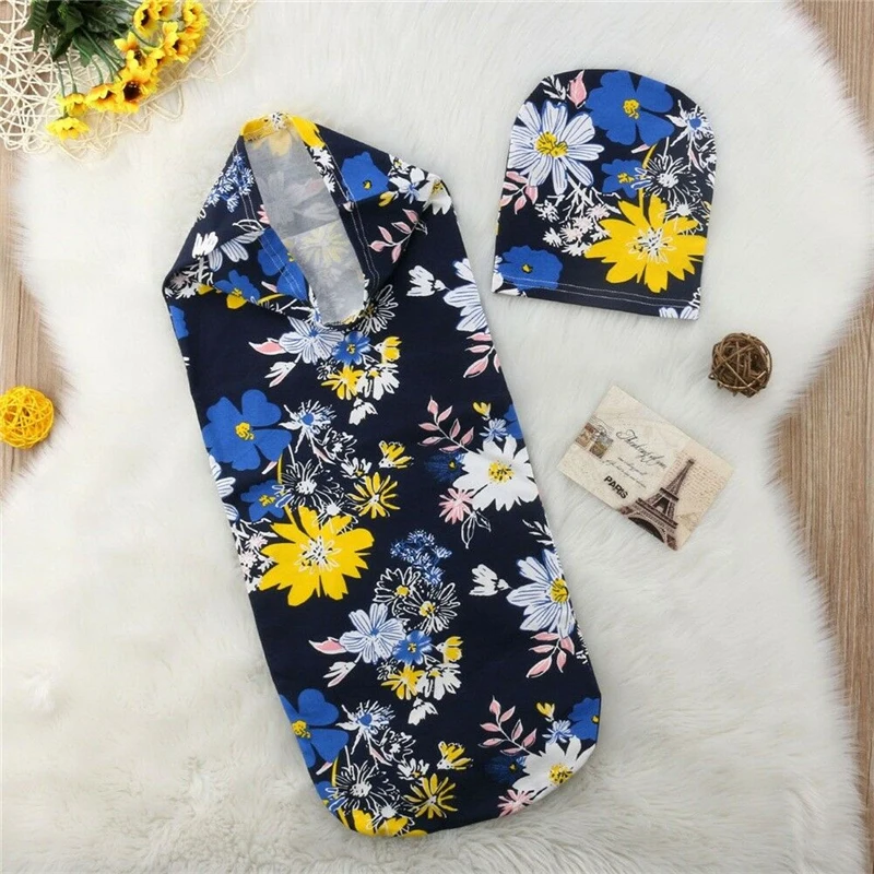 12M Baby Swaddle Blanket Newborn Baby Floral Swaddle Blanket Toddler Girl Boys Receiving Infant Wrap Hat 2pcs