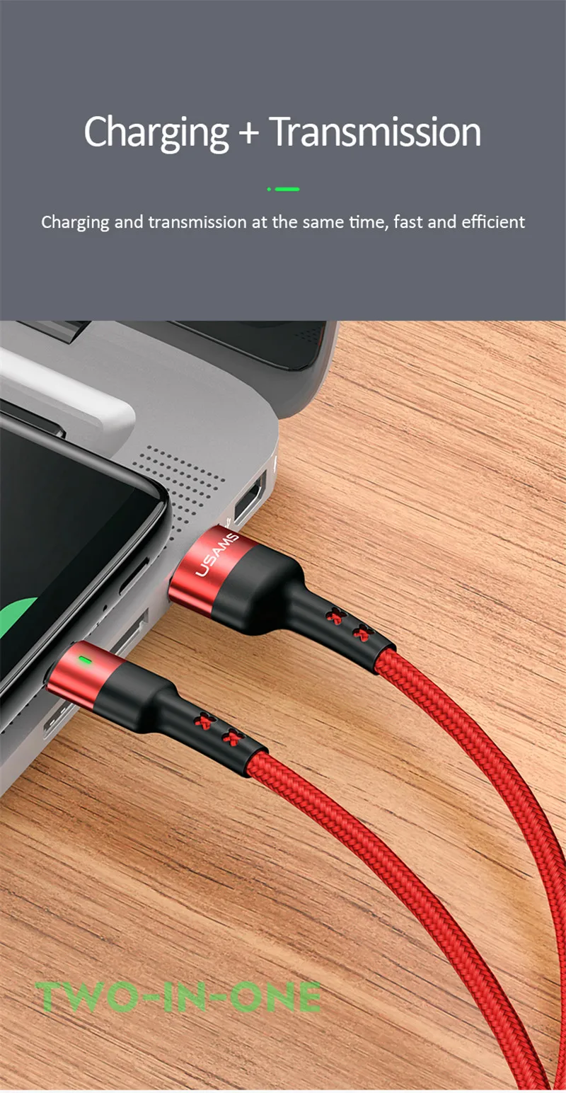USAMS usb type C кабель 3A Быстрая зарядка провод кабель usbc для Xiaomi huawei samsung Note10 мобильный телефон светодиодный USB-C зарядное устройство кабель