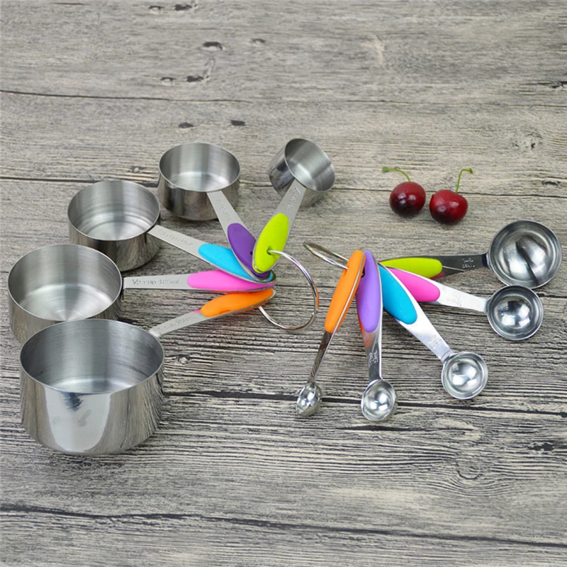 10Pcs Stainless Steel Measuring Cups and Spoons Set with Scale Colorful  Thickened Non-Slip Handle Metal Ring for Kitchen - AliExpress