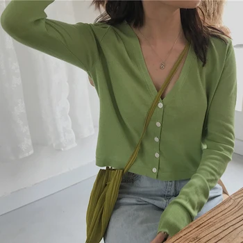 

2020 Women Autumn Casual Avocado Green Knit Cardigan Cropped Knit Top Soft Sweater Vintage Knit Cardigan