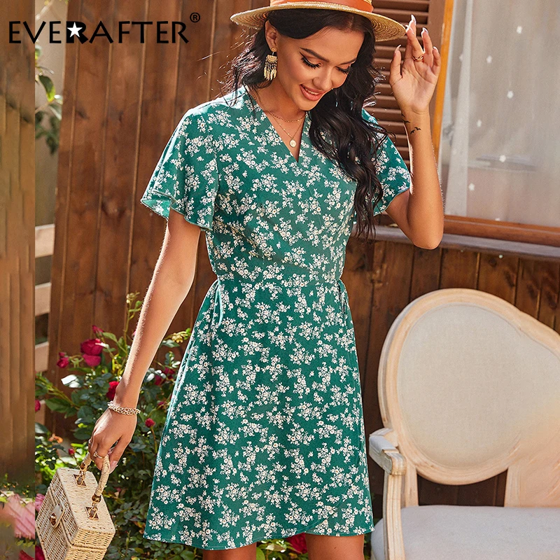 EVERAFTER элегантное платье с цветочным принтом женское v-образным вырезом коротким