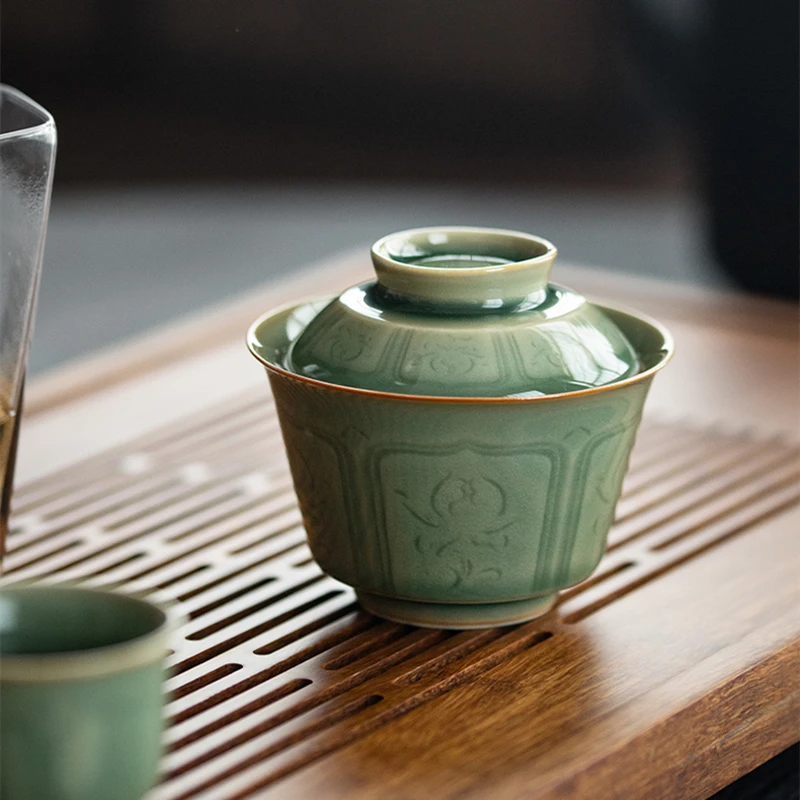 Celadon Hand Carved Gaiwan For Tea Pottery Tureen With Lid Green Teaware Kung Fu Tea Ceremony Set Coffee Cups Bowls Chawan