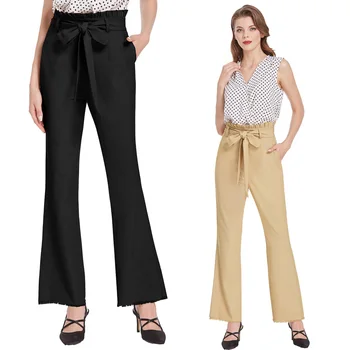 

Women Pants Ruffled High Waist Pants Loose Trousers Belt Decorated Tasselled Leg Opening Pockets Solid Color Summer Trousers