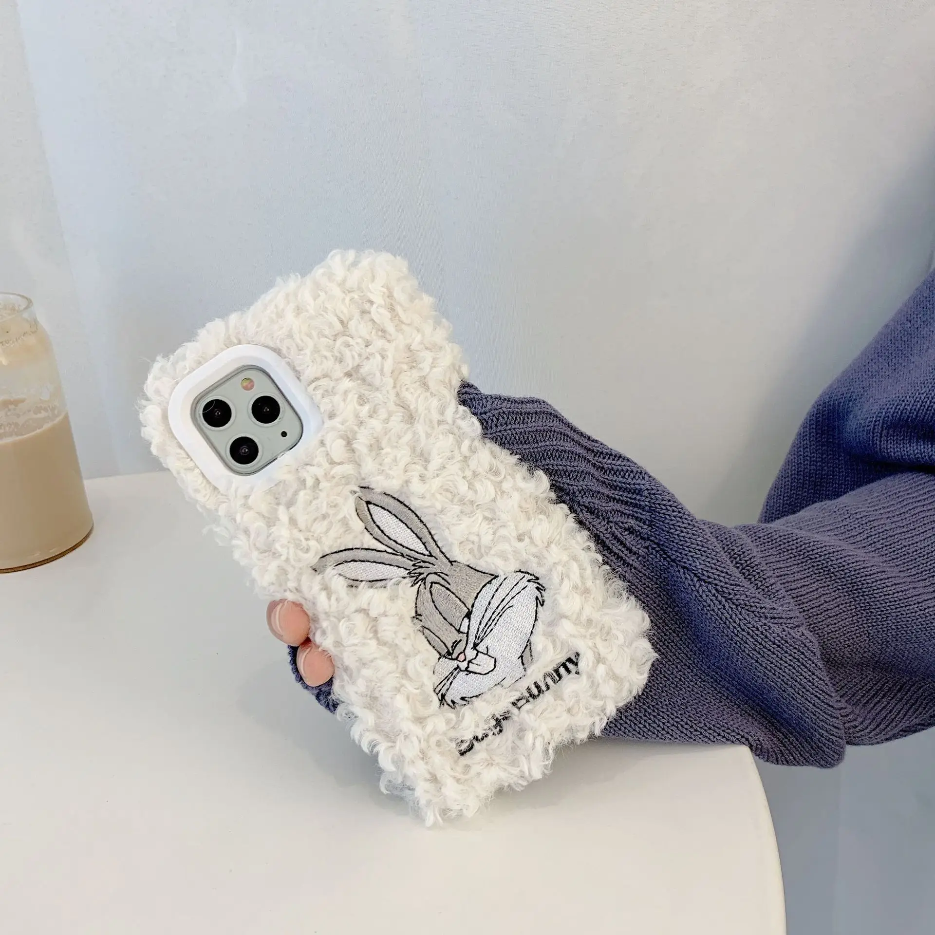Бежевый Coque зимний теплый милый мультфильм BugsBunny силиконовый чехол для телефона s для I Phone X XS XR 11 XS Max 7 8 6S Чехол 3D вышивка - Цвет: Бежевый