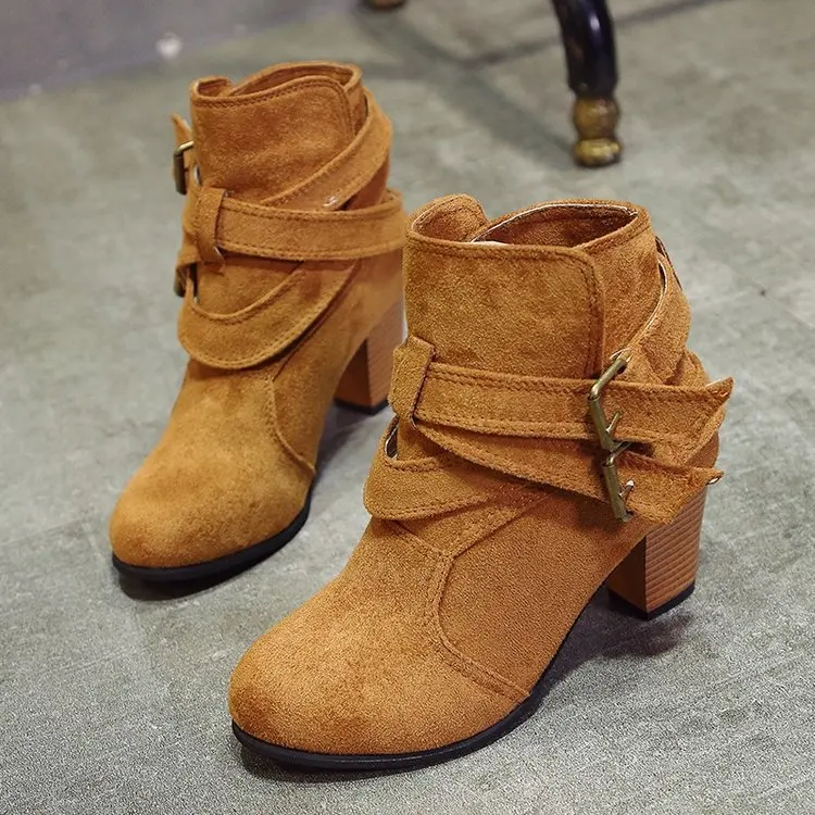 

Europe And America New Style Large Size WOMEN'S Shoes Semi-high Heeled Chunky-Heel round-Toe Belt Buckle Low-Top WOMEN'S Boots F