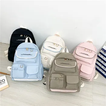 

2020 Letters Contrast Color Multi Pocket Nylon Backpack Women Travel Bagpack Cute Bookbags Student School Bags For Teenage Girls
