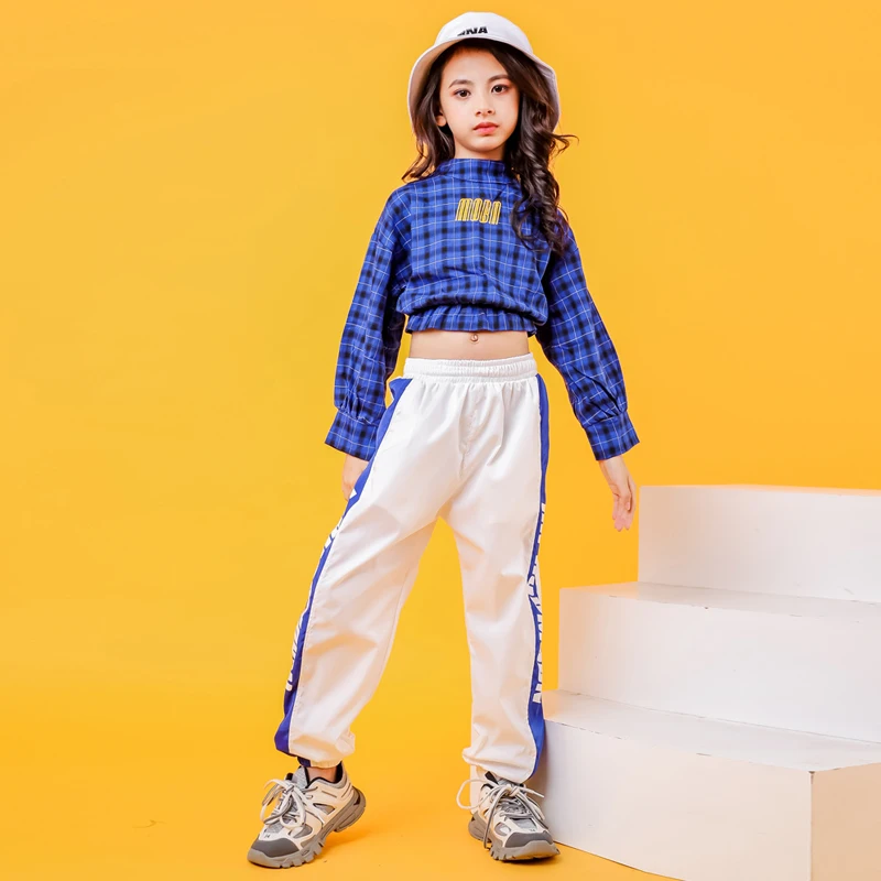 Blue Girls Boys Hip Hop Hoodies Dance Clothes for Kids Jazz Dancing Costumes SweaterShirt Ballroom Crop Tops Plaid Jogger Pants (3)