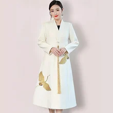 Осенне-зимние женские пальто, модный Тренч, пальто с вышивкой и v-образным вырезом, серое шерстяное пальто, женское длинное пальто, корейские женские топы mujer