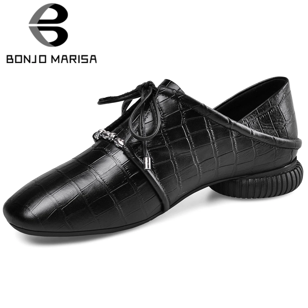 

BONJOMARISA Brand Fashion Lady Flats Lace Up Square Toe Genuine Leather Flats Women Spring Consise Career Office Shoes Woman