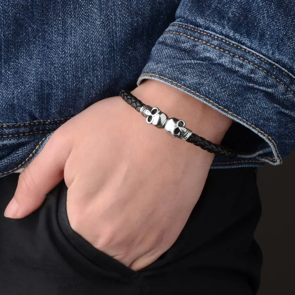 Stainless Steel Leather Bracelet Skull Skeleton Head Bangle For Men Bracelet Jewelry