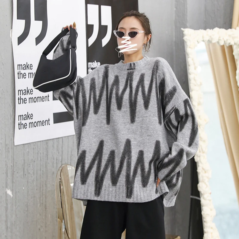 [EAM] Pattern Big Size Knitting Sweater Loose Fit