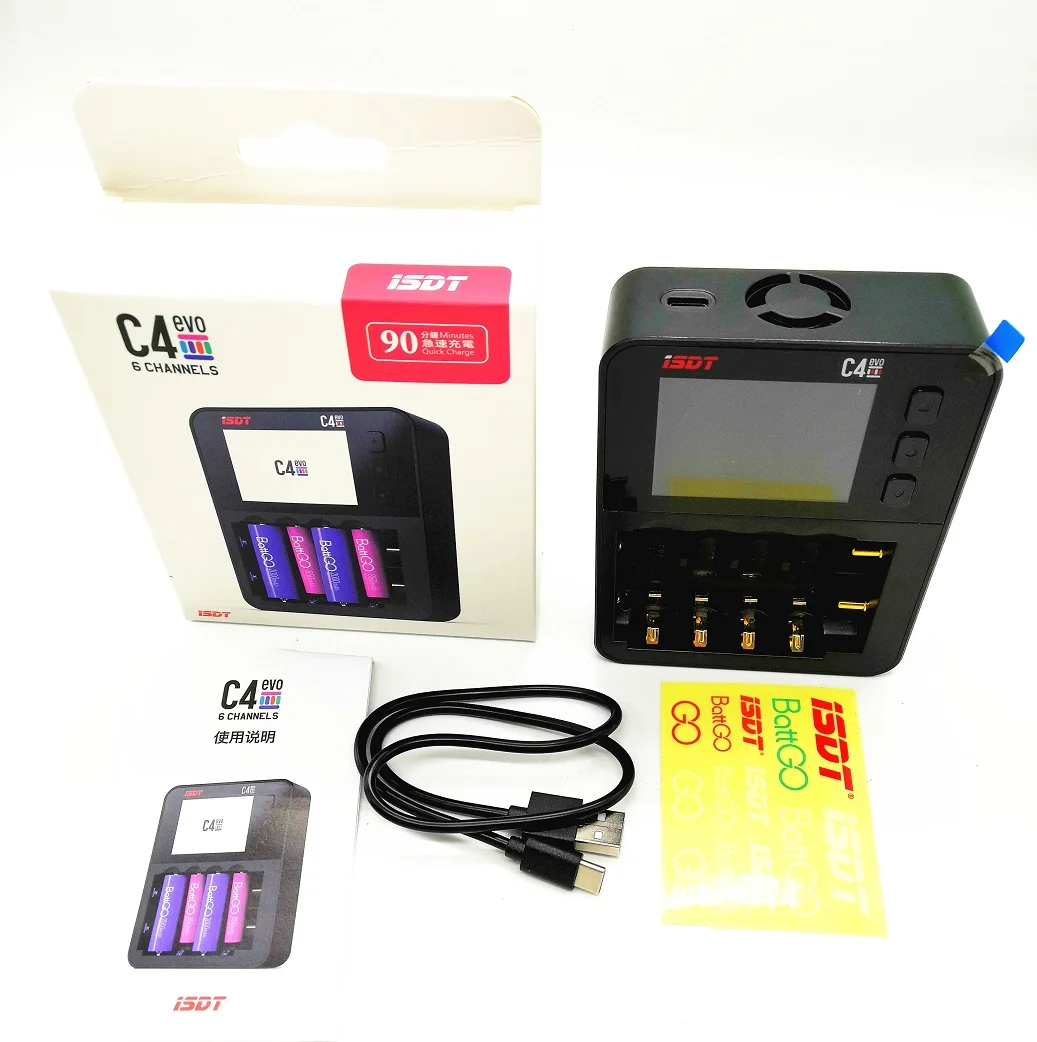 ISDT C4 EVO Smart Battery Charger with Type-C QC3.0 Output for AA AAA Li-ion Battery with IPS Display Screen With Adapter