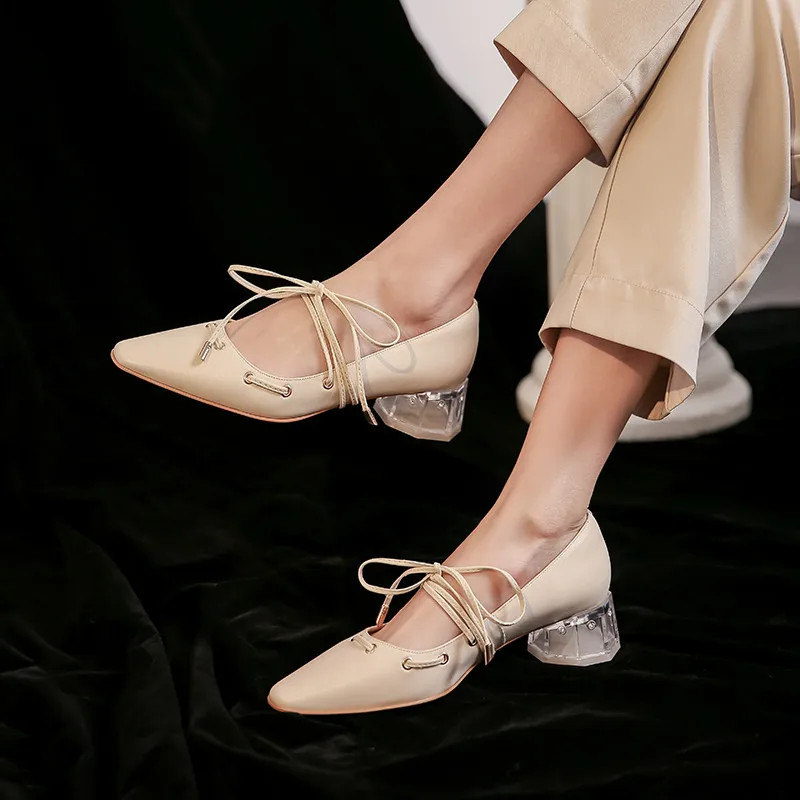 New Arrival Genuine Leather Shoes Women Strappy Pumps Square Toe Transparent Clear Heel Elegant Party Wedding Shoes Woman