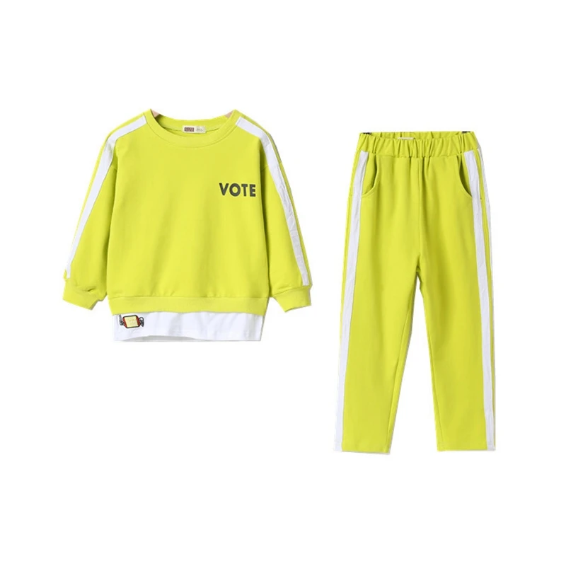 Green Set Комплекты для детей полосатые Лоскутные Костюмы Одежда для девочек, спортивные топы, пуловеры с буквенным принтом+ штаны спортивные штаны, 10 12 14 лет - Цвет: Green Set