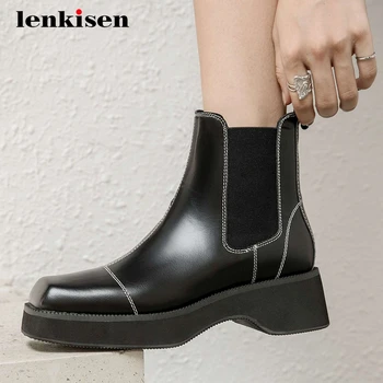 

Lenkisen stretch boots natural leather high quality platform square toe thick med heel slip on young girls soft ankle boots L96