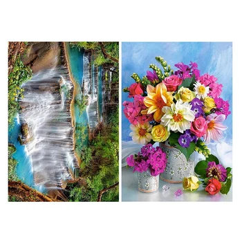 

2 Set Full 5D Diy Diamond Painting Cross Stitch 3D Diamond Embroidery Rhinestone Decor Paintings, Waterfall & Flower