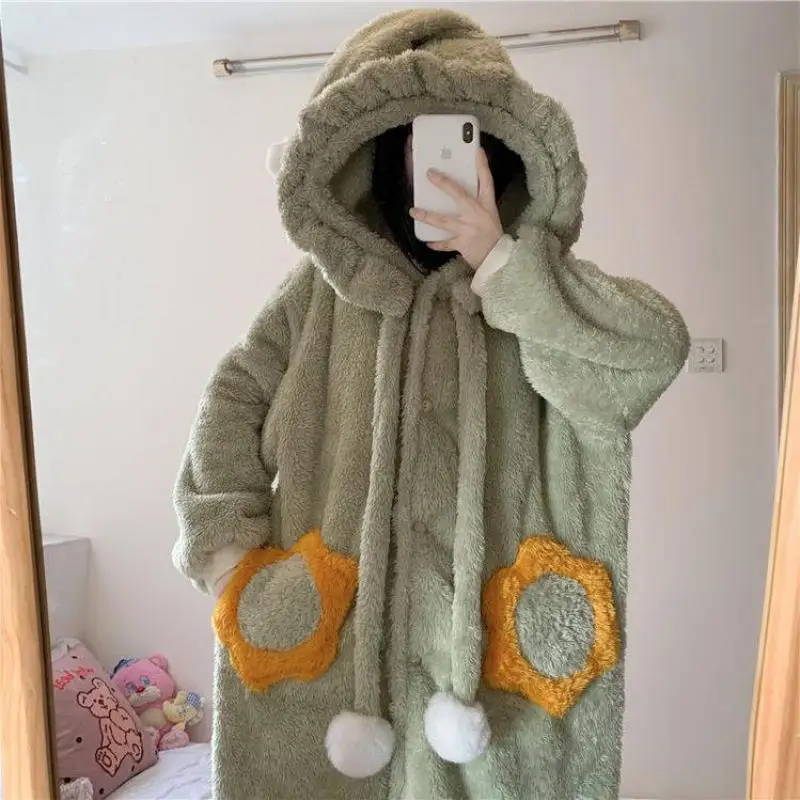 cute-lovely-pajamas-set-female-winter-thicken-sleepwear-hooded-kimono-robe-gown-with-pants-warm-loose-home-clothes-flannel-suits