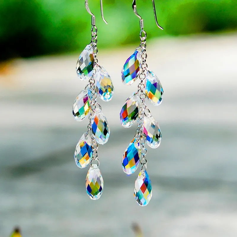 Trendy Female Crystal Geometry Dangle Earring Charm Silver Color Drop Earrings Cute Tassel Long Wedding Jewelry For Women drop earrings dangle earrings crystal earrings long earrings crystal tassel earrings geometric earrings