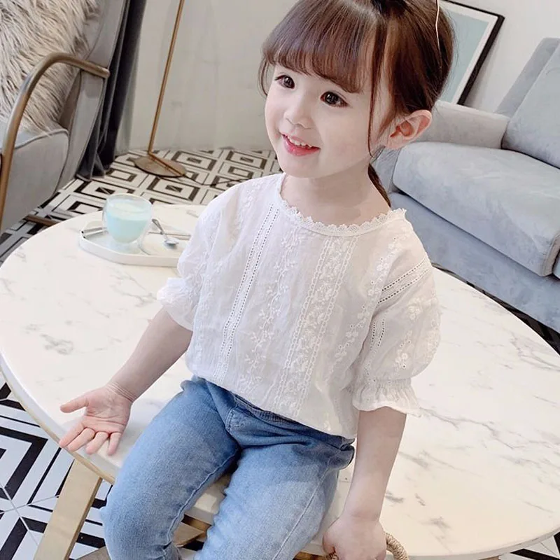 Children Shirts Short Sleeve Summer Kids Clothing Tops for Baby Girl Shirt white toddlers lace | Детская одежда и обувь