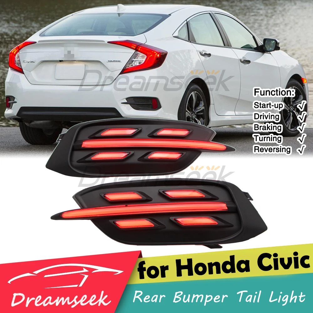 Red LED Tail Lights For Honda Civic 2016-2021 Rear Reversing Lamp Brake Assembly