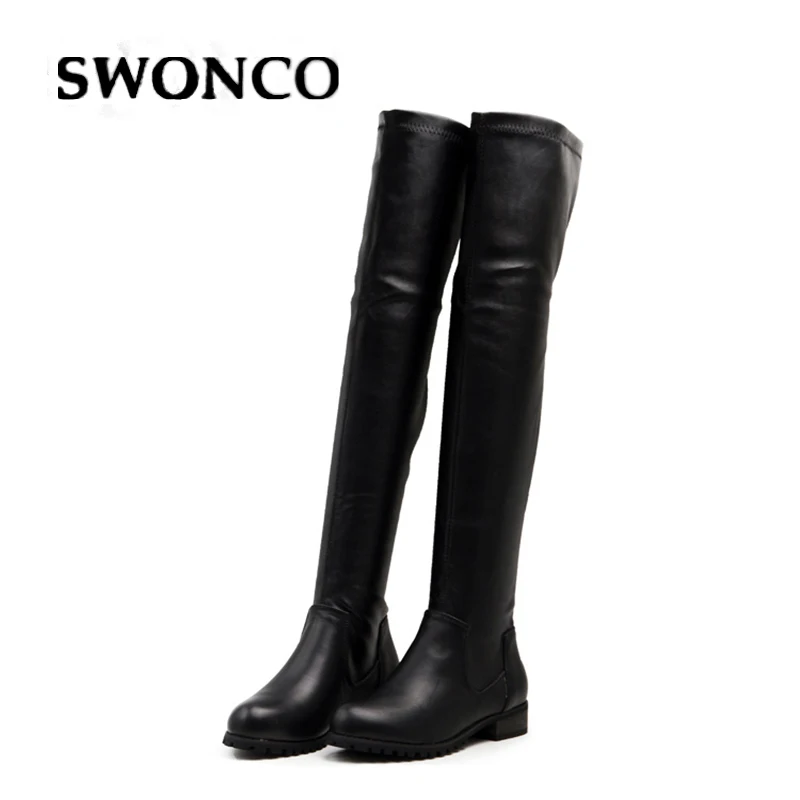 

SWONCO Tight High Boots Women Winter Warm Shoes Black Genuine Leather Boots Female 2019 New Sexy Black Tall Snow Boot For Women