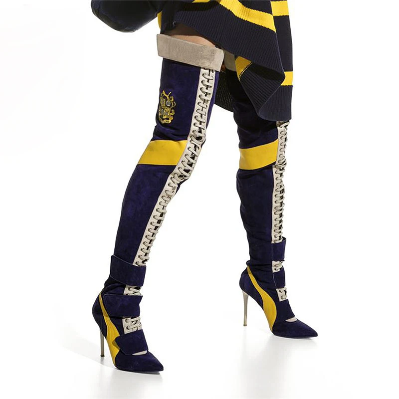 Модные Подиумные Сапоги выше колена в стиле панк бархат мотоботы с поперечной шнуровкой сапоги до бедра Для женщин