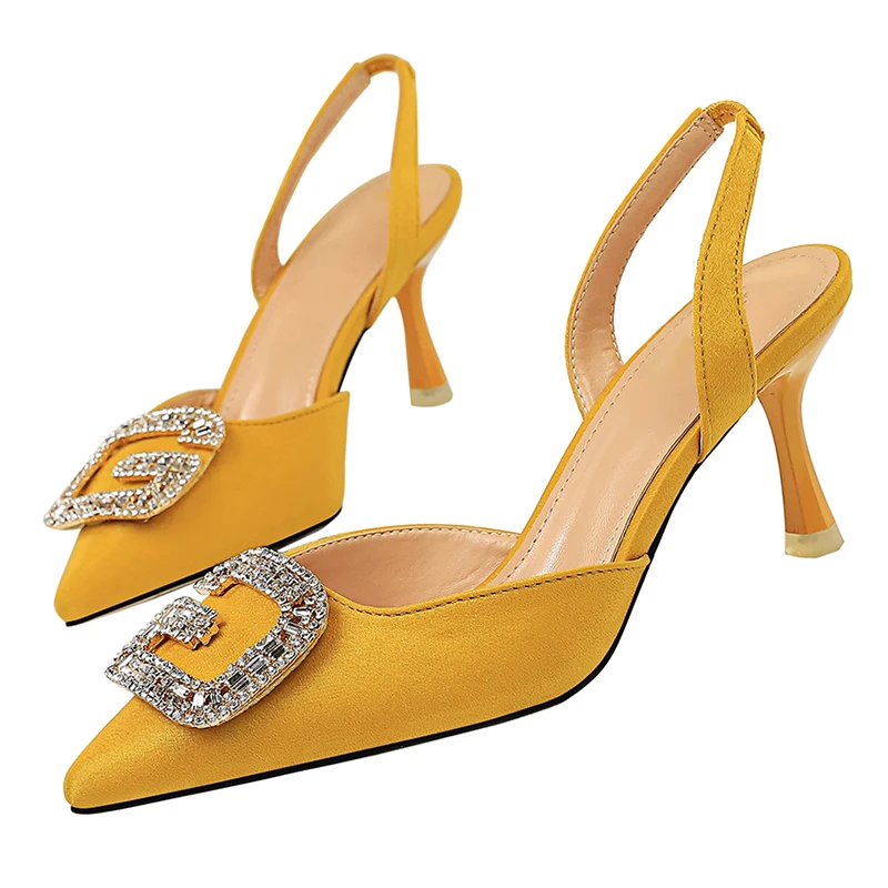 

2019 Women Summer 7cm High Heels Prom Sandals Lady Low Heels Crystal Pumps Female Valentine Yellow Blue Slingback Strap Shoes