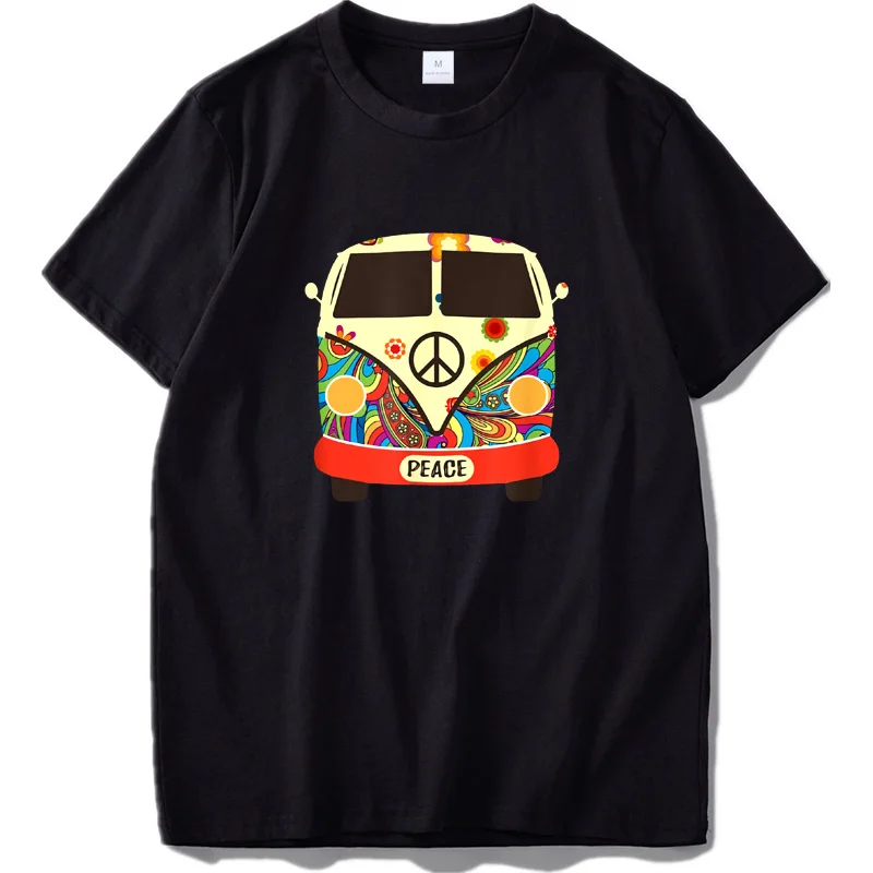 Хиппи мир и любовь, Винтажная футболка, Трип, автомобиль, графический хиппи, Фестивальная футболка, европейский размер, хлопок, с графическим принтом, топы, футболки - Цвет: Black