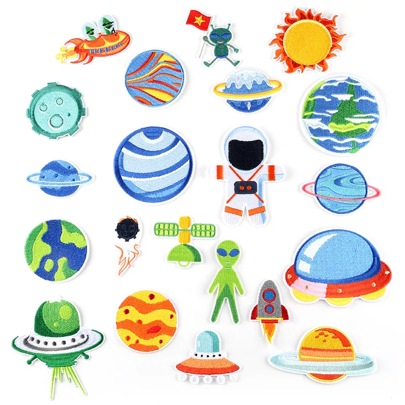 

Iron on Alien UFO Patches for Clothing Stripe Cartoon Planet Badges Embroidered Patches Sticker on Clothes for Kids DIY Applique