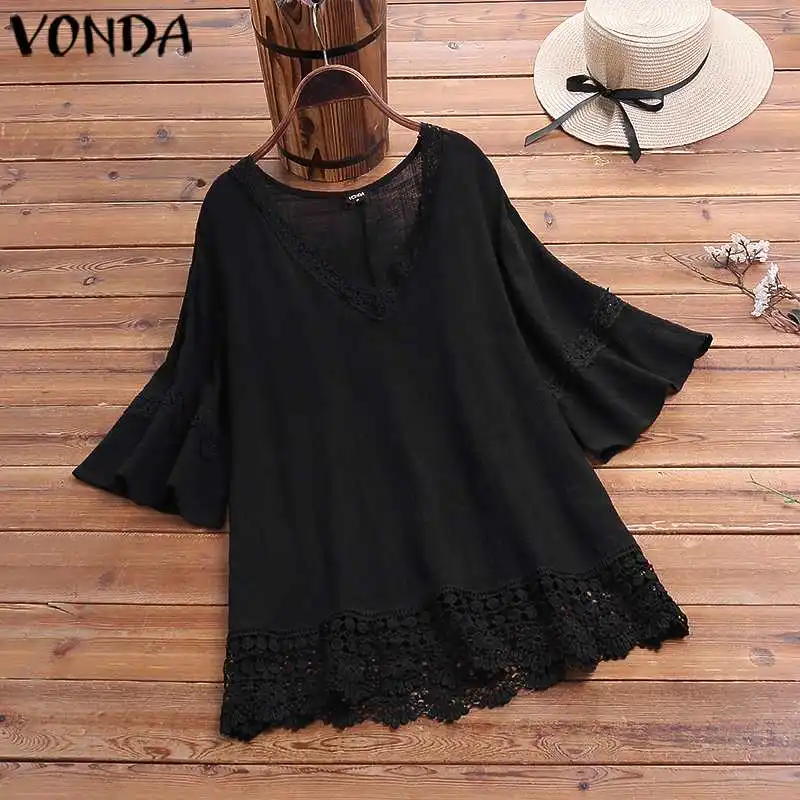 

VONDA Fashion Women Blouses 2019 Female Sexy V Neck Half Sleeve Solid Color Shirts Plus Size Bohemian Tops And Blouse 5XL Blusas