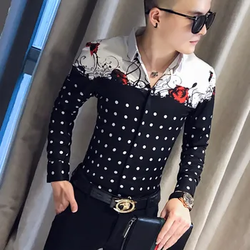 

Fashion Polka Dot Flower Print Shirts Men Dress Clothing Mens Shirts Casual Slim Fit Streetwear Social Shirt Camisa Masculina