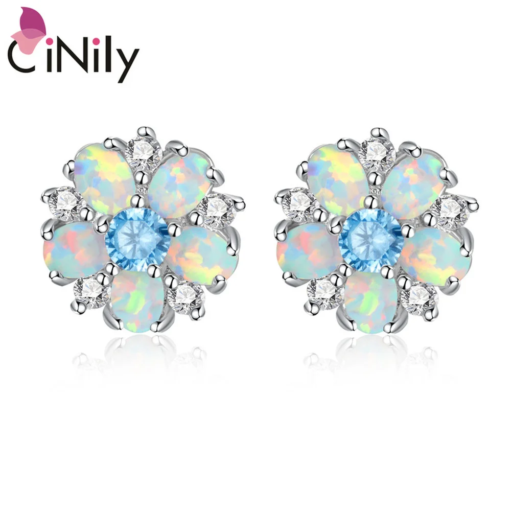 CiNily Garden Flower Shape Fire Opal 925 Sterling Silver Stud Earrings for Party Women Girls Fine Jewelry Earring OH4647-49