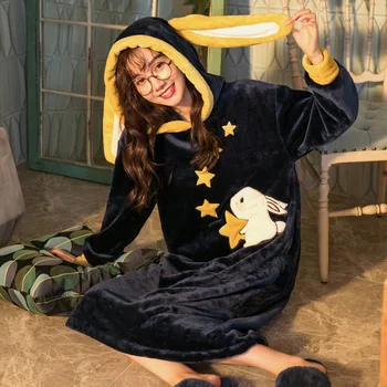 

2020 Winter Thick Warm Female Coral Fleece Nightdress Robe Cartoon Cute Nightgown Lady Dresses hooded loungewear Sleepwear