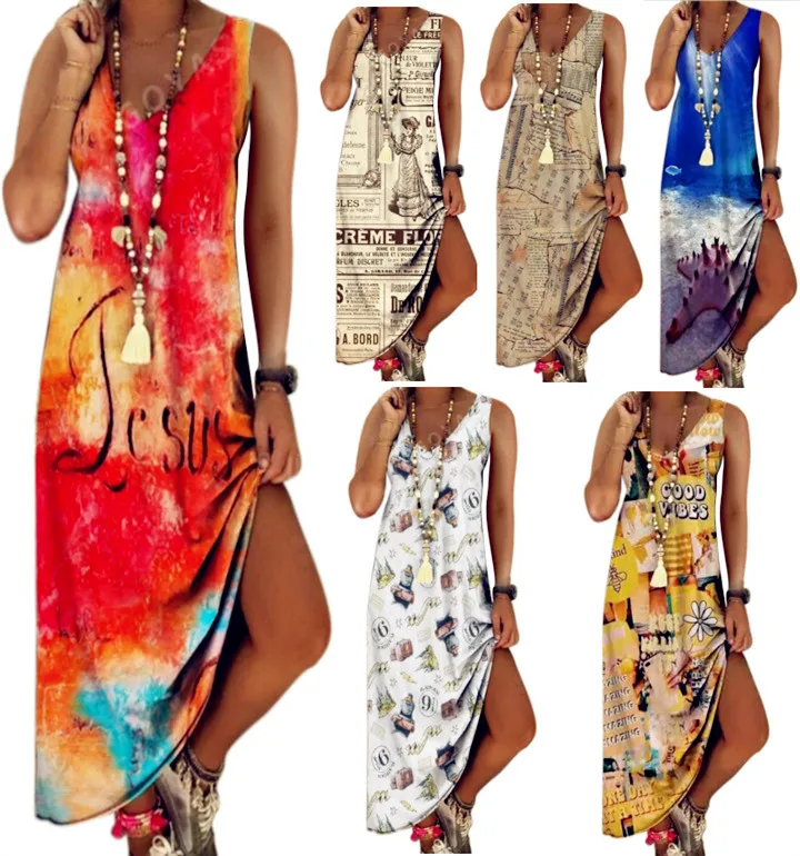 

Summer New Women Casual Loose Vest Tank Dress Beach Sexy Boho Bow Befree Maxi Dress Big Large Dresses Robe Femme
