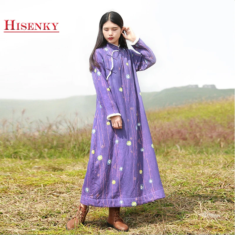 Hisenky 2019 Winter Vrouwen Jurk Chinese Traditionele Cheongsam Qipao Jurk Warme Fleece Maxi Jurken Lange Robe Gown