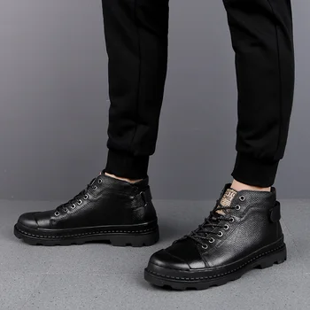 

Fashion Genuine Leather Mens Ankle Boots outdoor High Top Lace Up Shoes Black with fur snow boots Male Basic winter Boots