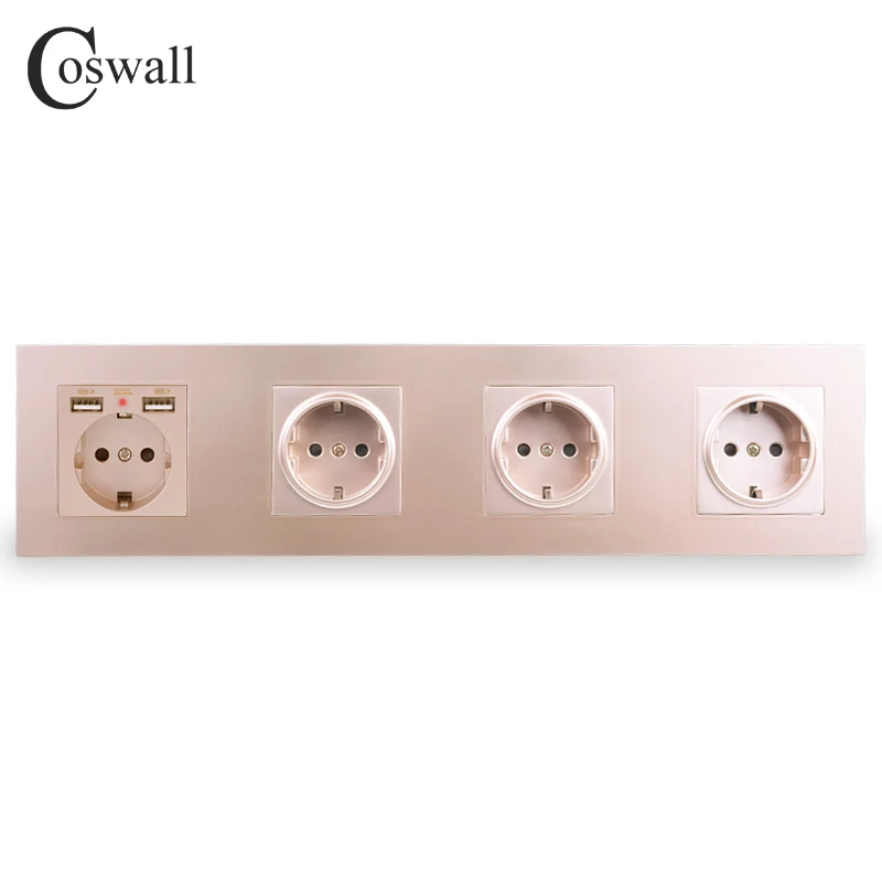 COSWALL 4 комплекта настенных розеток европейского стандарта с заземлением+ двойной usb-порт для зарядки со скрытым мягким светодиодный индикатором черно-белая Золотая ПК Панель