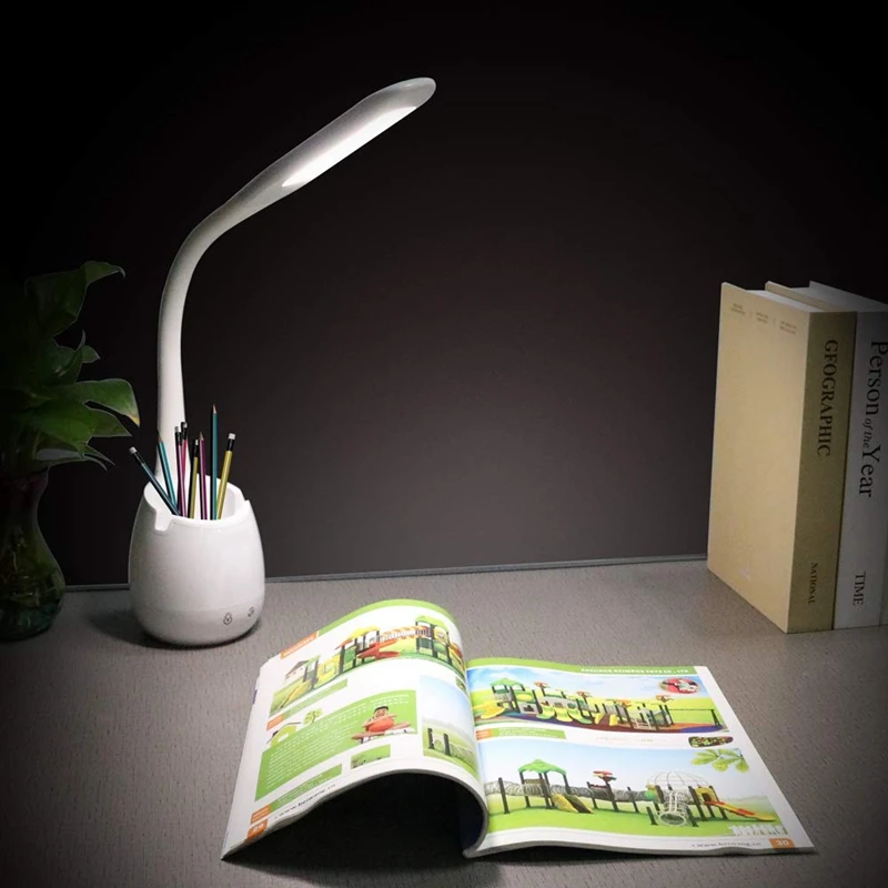 

Desk Lamp for Study, Dimmable Hue Table Lamp with Pen Holder, Mobile Phone Bracket, Contact Dimmer, Color Change Base(Night Ligh