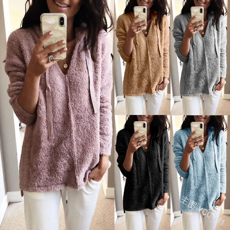 Autumn Sexy V-neck Sweatshirt Long Sleeve Warm Soft Hoodies Pullovers Loose Plush Hooded Female Streetwear Tops | Женская одежда