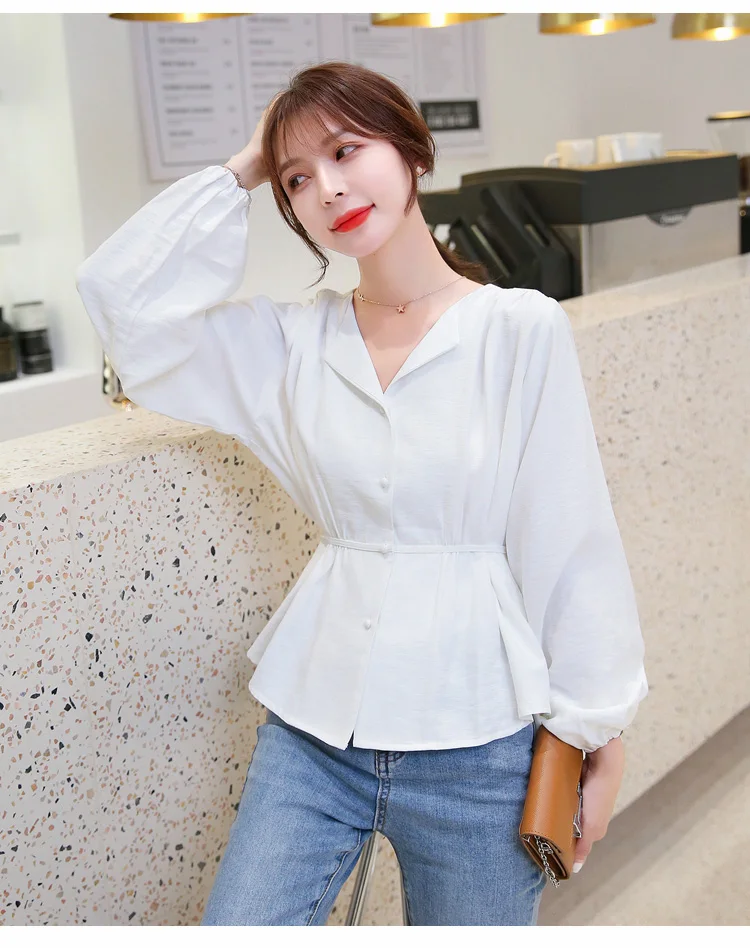 Новая мода blusas mujer de moda осенние дизайнерские женские рубашки однотонные повседневные женские блузки женские топы с v-образным вырезом размера плюс 6431 50