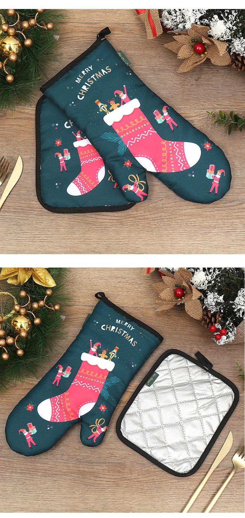 Рождественские Жаростойкие перчатки для выпечки, теплоизоляционные перчатки для микроволновой печи, рождественские двухкомпонентные перчатки для плиты или кухонного коврика