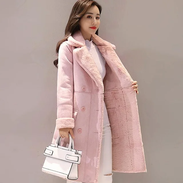LUZUZI, женское замшевое меховое зимнее пальто,, модная, толстая, Искусственная овчина, длинная куртка, пальто, женское, одноцветное, теплое, Тренч - Цвет: Розовый