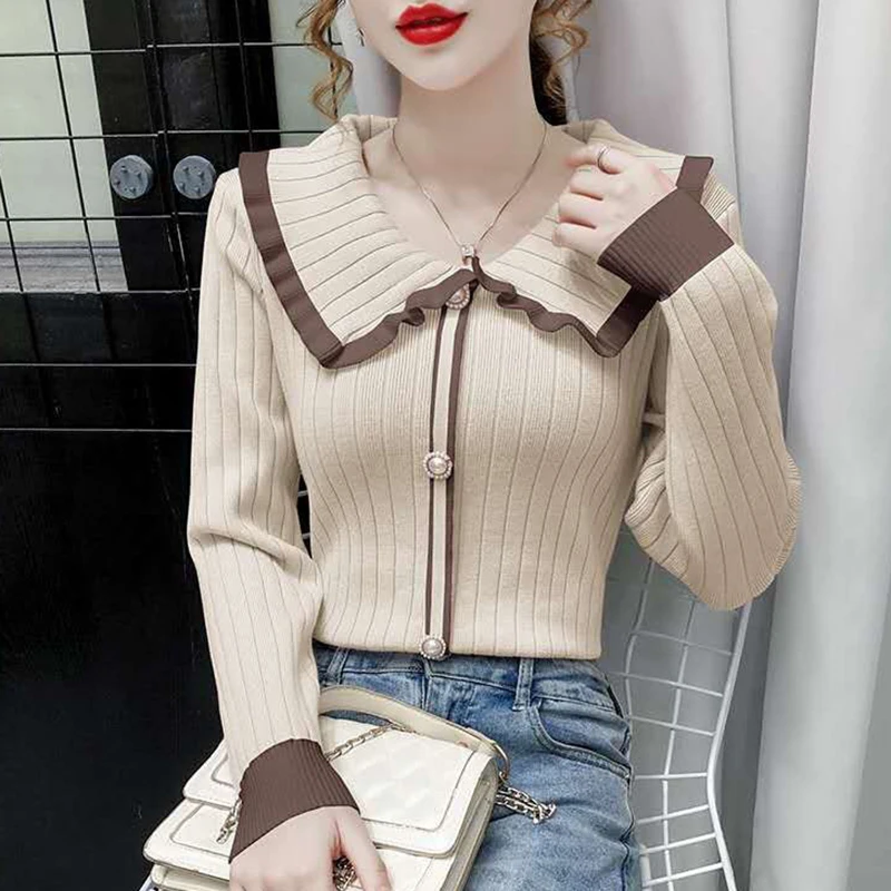 

Fall Winter Women Sweater Peter Pan Collar Pearl Button Pullover Long Sleeve Top Knitwears Hit Color Womens Sweaters Pull Femme