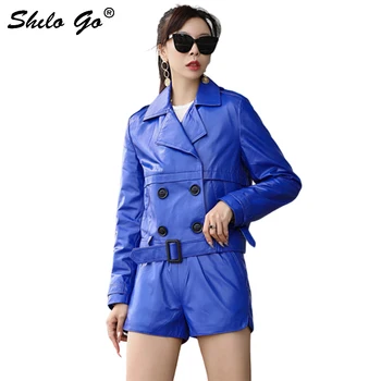 

Genuine Leather Jacket Highstreet Notched Neck Buckle Belted Multicolor Sheepskin Coat Women Autumn Office Lady Outwear Female