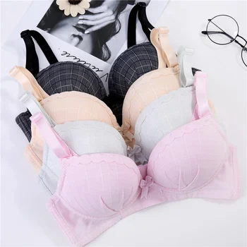 

Cute Bow Knot Teenage Girl Underwear Plaid Printed Students Bra Wire Free Women Bras