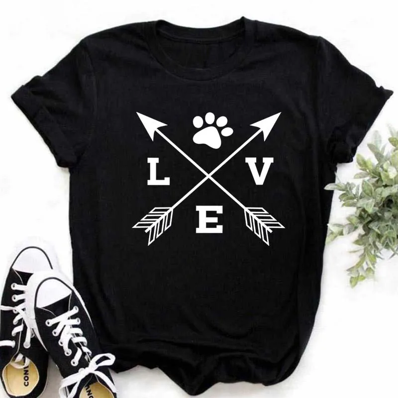 T-shirt imprimé pattes de chien et cœur pour femme, vêtement d'été à manches courtes, noir, 993_voghion.com