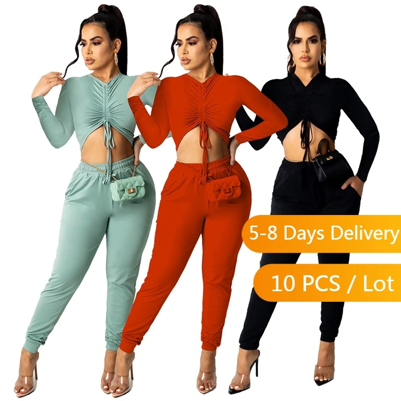 

Bulk Items Wholesale Lots Autumn Two Piece Set Women Long Sleeve Ruched Crop Top and Pants Set Streetwear Bodycon Matching Sets