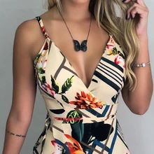 Женский комбинезон на бретельках с цветочным принтом, сексуальный комбинезон, женский сексуальный комбинезон, комбинезон, вечерние комбинезоны, женский короткий комбинезон с v-образным вырезом