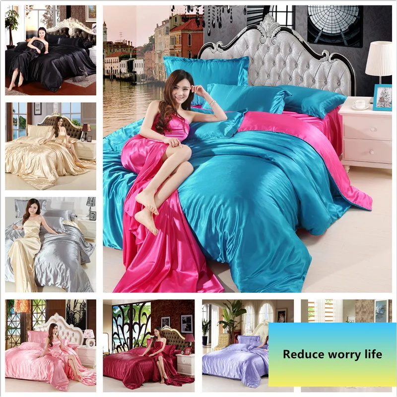  HOT Satin Silk Bedding Set Home Textile King Size Bed Set Bed Clothes Duvet Cover Flat Sheet Pillow