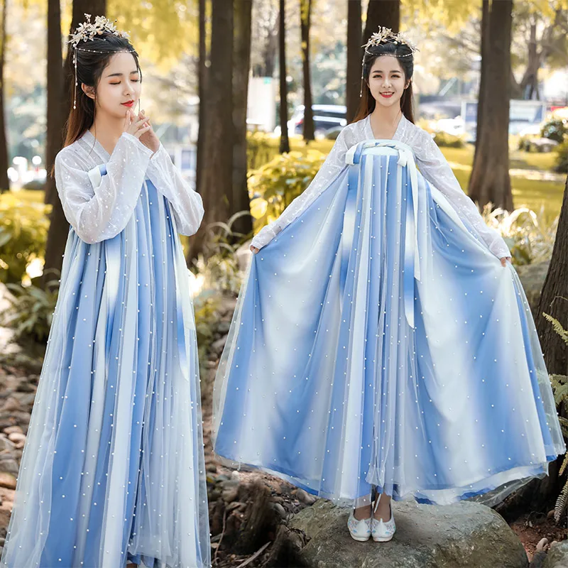 Женское сказочное платье Hanfu синего цвета с вышивкой костюм для классических